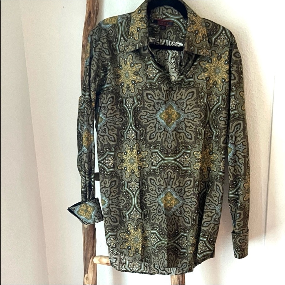 NWT Dage Patterned Brown Olive Green Men's Cotton Dress Shirt 16 41 Large